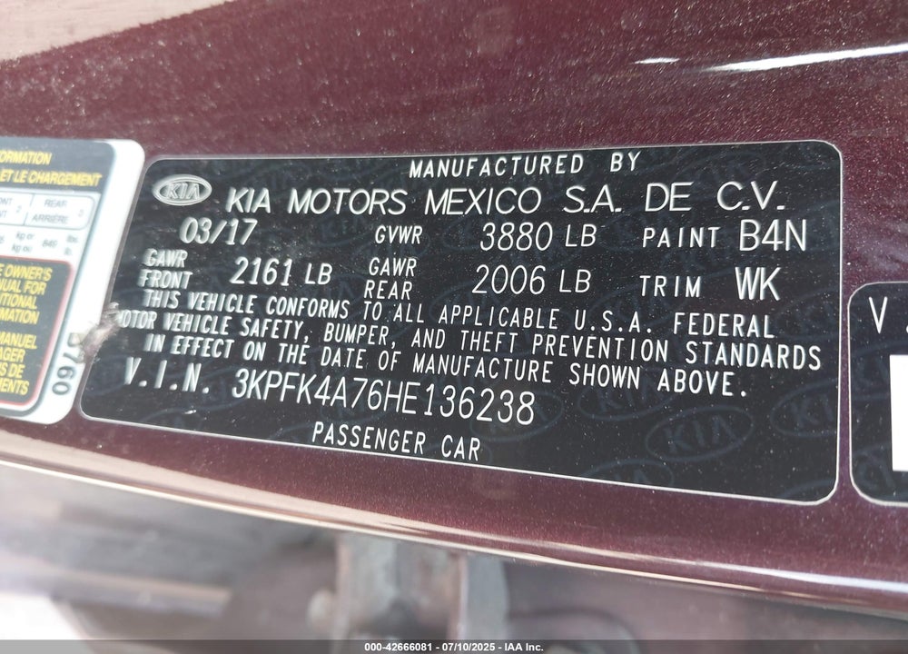 2017 KIA FORTE VIN: 3KPFK4A76HE136238