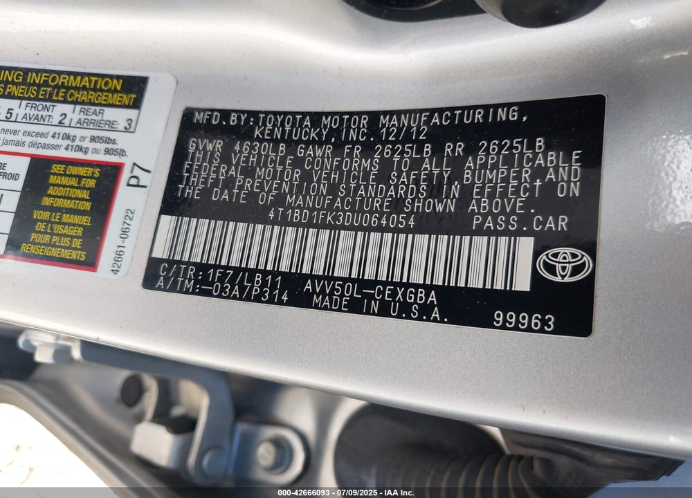 2013 TOYOTA CAMRY HYBRID VIN: 4T1BD1FK3DU064054
