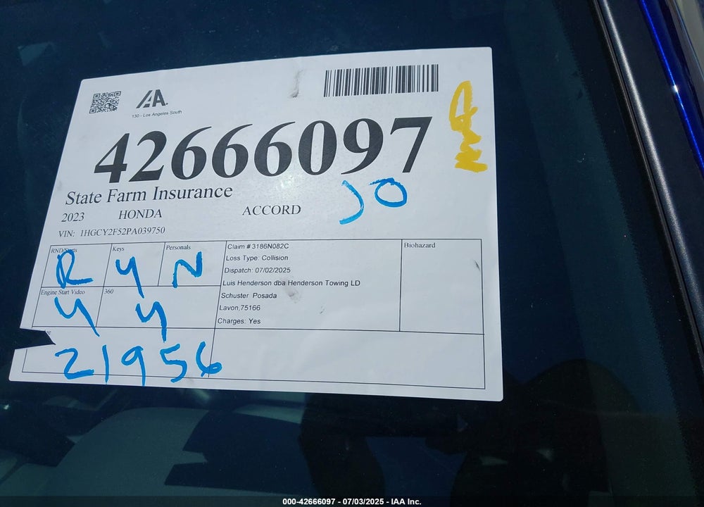 2023 HONDA ACCORD VIN: 1HGCY2F52PA039750