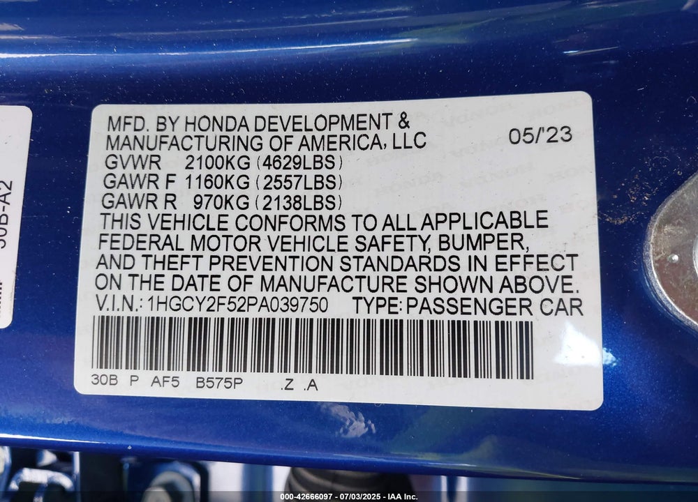 2023 HONDA ACCORD VIN: 1HGCY2F52PA039750