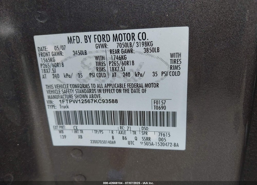 2007 FORD F-150 VIN: 1FTPW12567KC93588