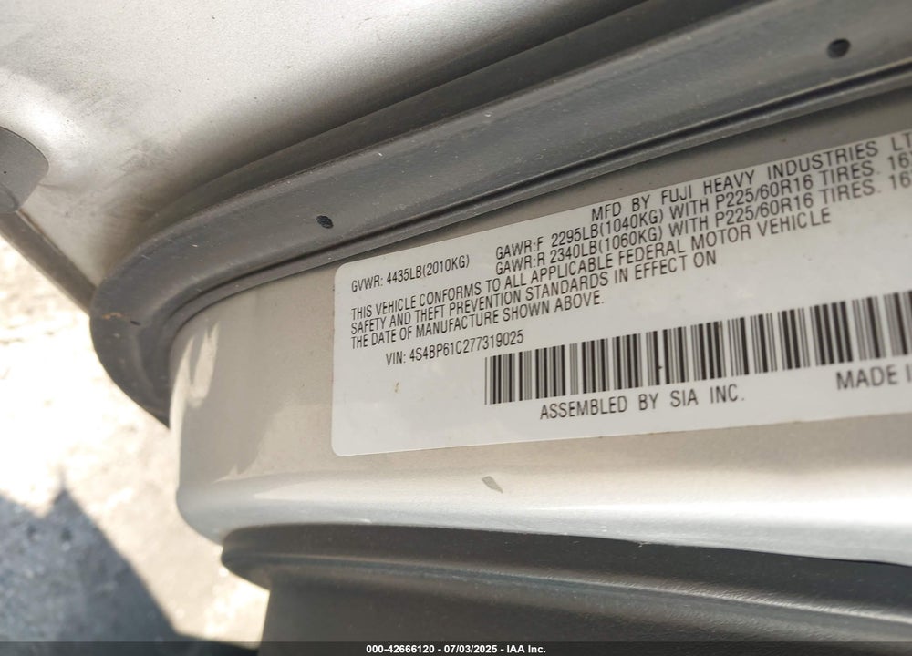 2007 SUBARU OUTBACK VIN: 4S4BP61C277319025