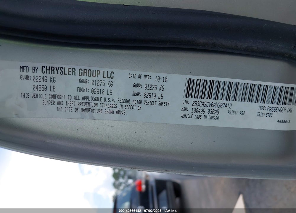 2010 DODGE CHARGER VIN: 2B3CA3CV0AH307413