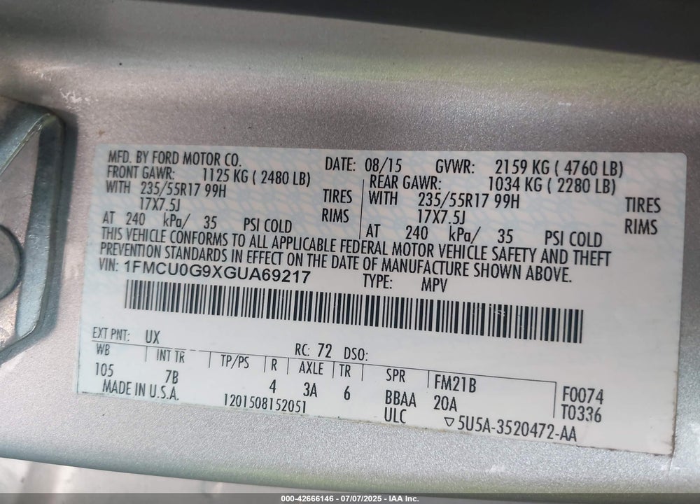2016 FORD ESCAPE VIN: 1FMCU0G9XGUA69217