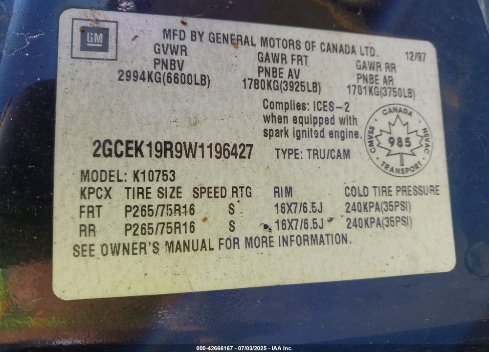 1998 CHEVROLET K1500 FLEETSIDE/SILVERADO FLEETSIDE/SPORTSIDE VIN: 2GCEK19R9W1196427