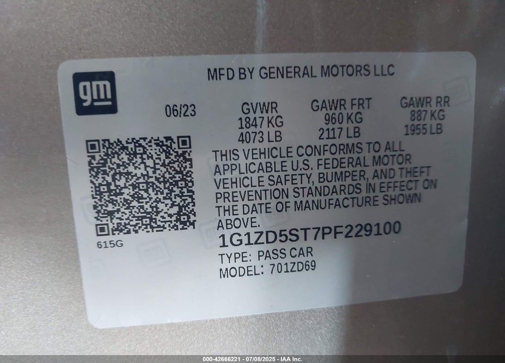 2023 CHEVROLET MALIBU FWD 1LT VIN: 1G1ZD5ST7PF229100