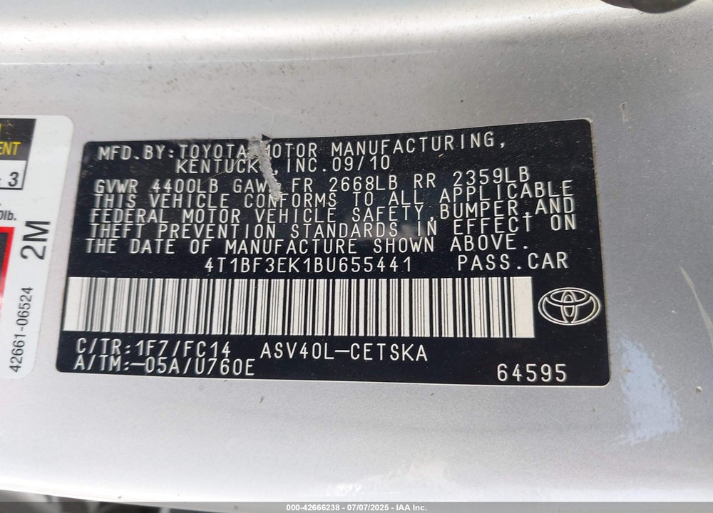 2011 TOYOTA CAMRY VIN: 4T1BF3EK1BU655441