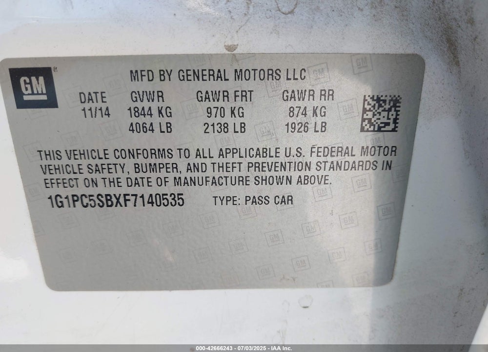 2015 CHEVROLET CRUZE VIN: 1G1PC5SBXF7140535