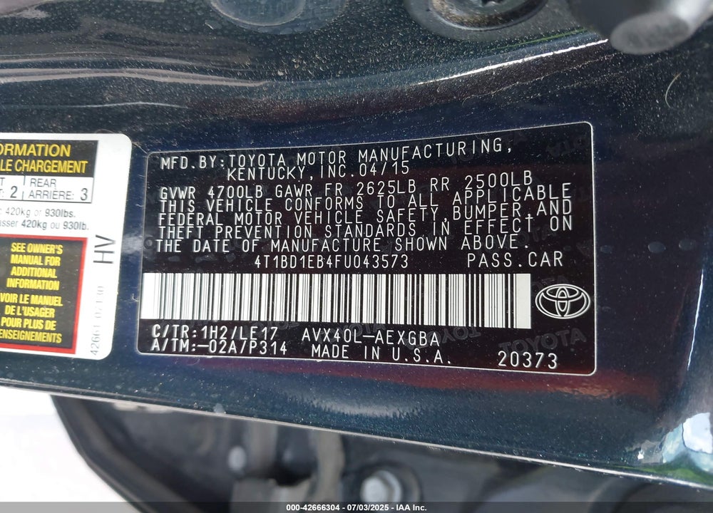 2015 TOYOTA AVALON HYBRID VIN: 4T1BD1EB4FU043573