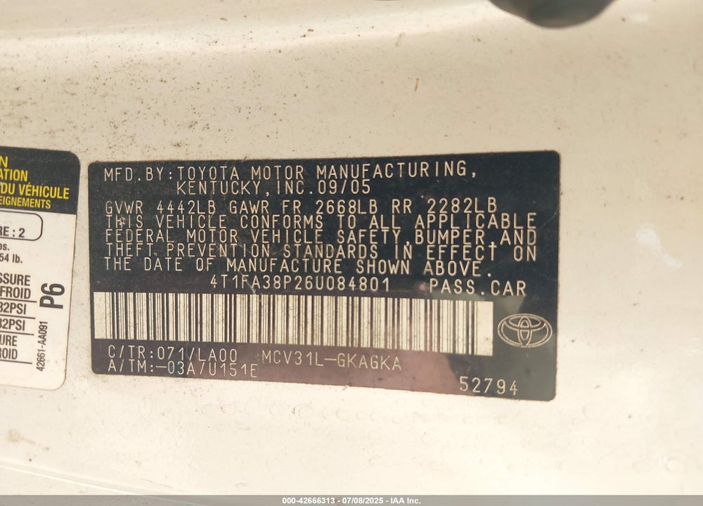 2006 TOYOTA CAMRY VIN: 4T1FA38P26U084801