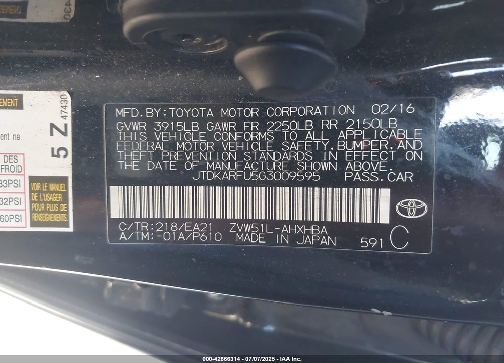 2016 TOYOTA PRIUS VIN: JTDKARFU5G3009595