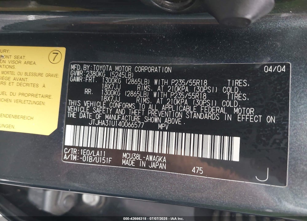 2004 LEXUS RX 330 VIN: JTJHA31U140066577