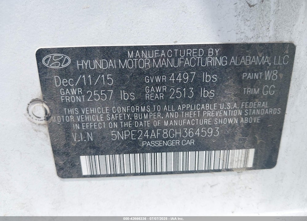 2016 HYUNDAI SONATA VIN: 5NPE24AF8GH364593