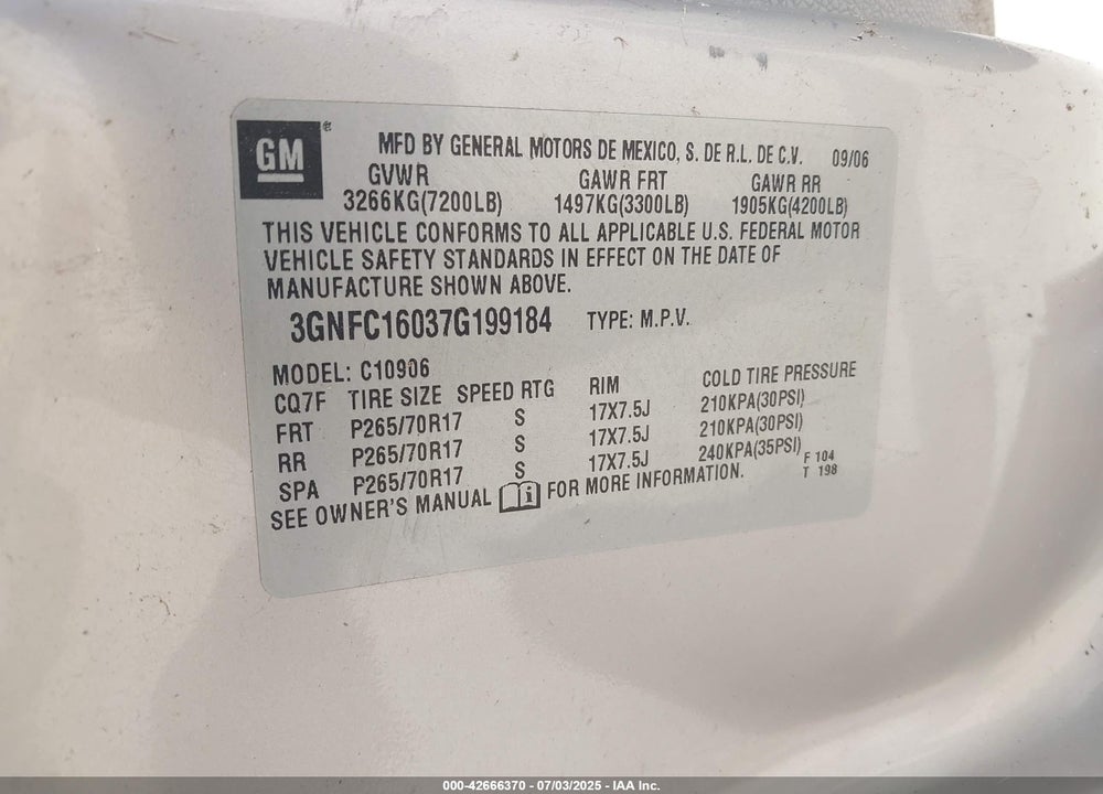 2007 CHEVROLET SUBURBAN 1500 VIN: 3GNFC16037G199184