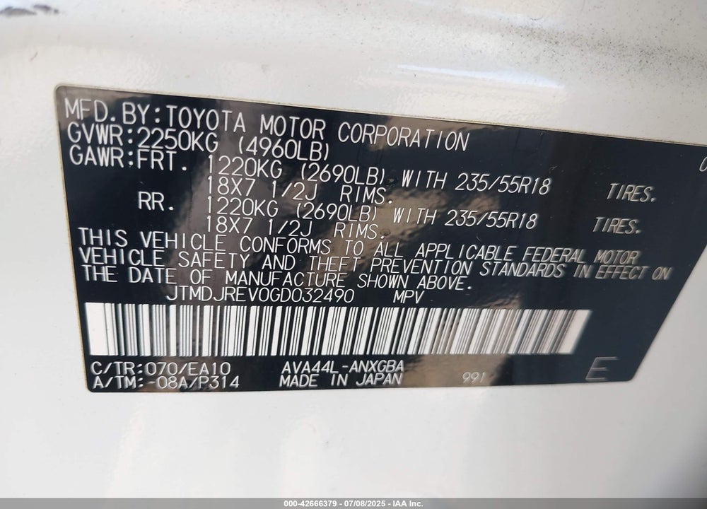 2016 TOYOTA RAV4 HYBRID LIMITED VIN: JTMDJREV0GD032490