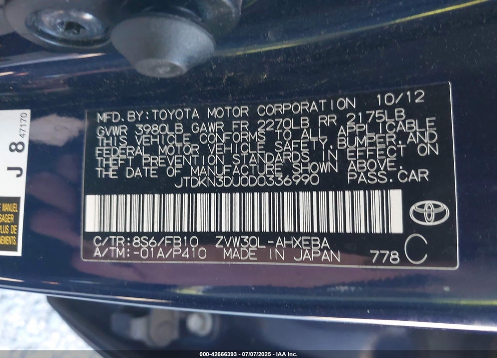 2013 TOYOTA PRIUS VIN: JTDKN3DU0D0336990