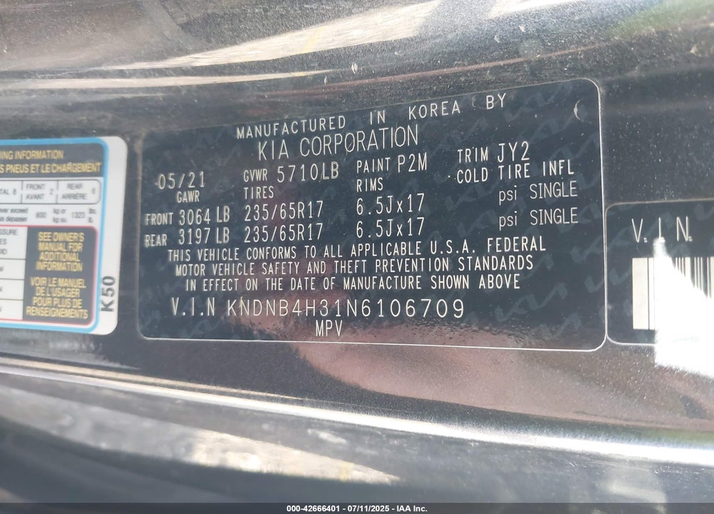 2022 KIA CARNIVAL MPV LX SEAT PACKAGE VIN: KNDNB4H31N6106709