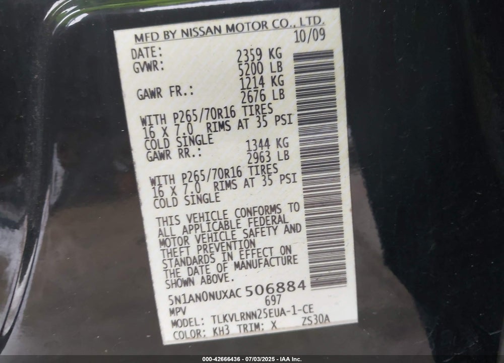 2010 NISSAN XTERRA VIN: 5N1AN0NUXAC506884