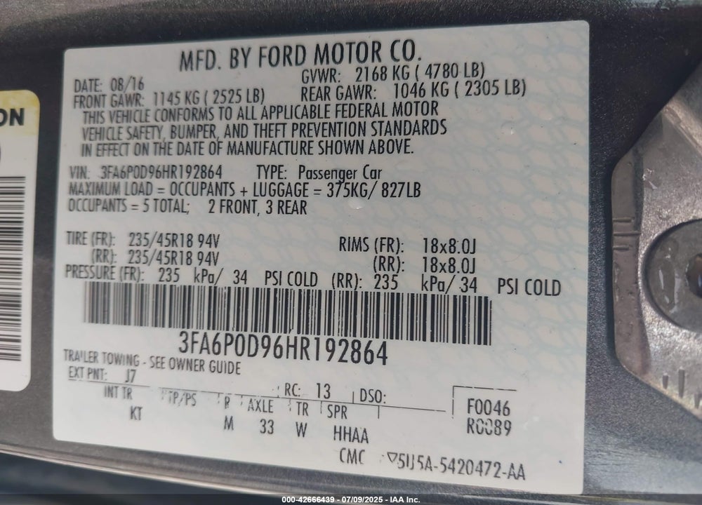 2017 FORD FUSION VIN: 3FA6P0D96HR192864