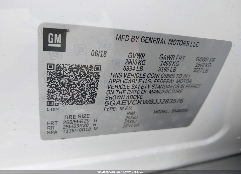 2018 BUICK ENCLAVE VIN: 5GAEVCKW8JJ283576