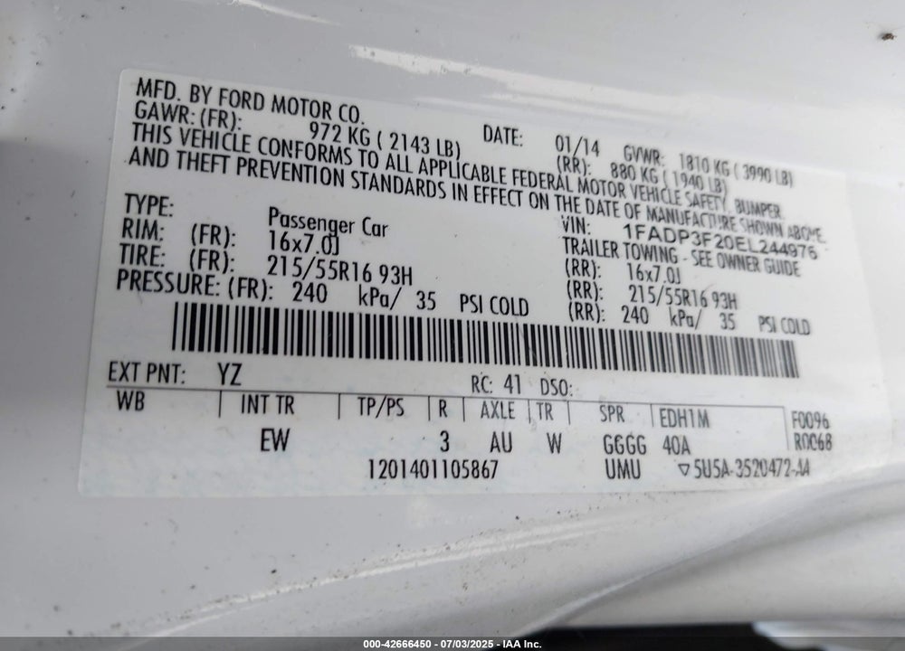 2014 FORD FOCUS VIN: 1FADP3F20EL244976