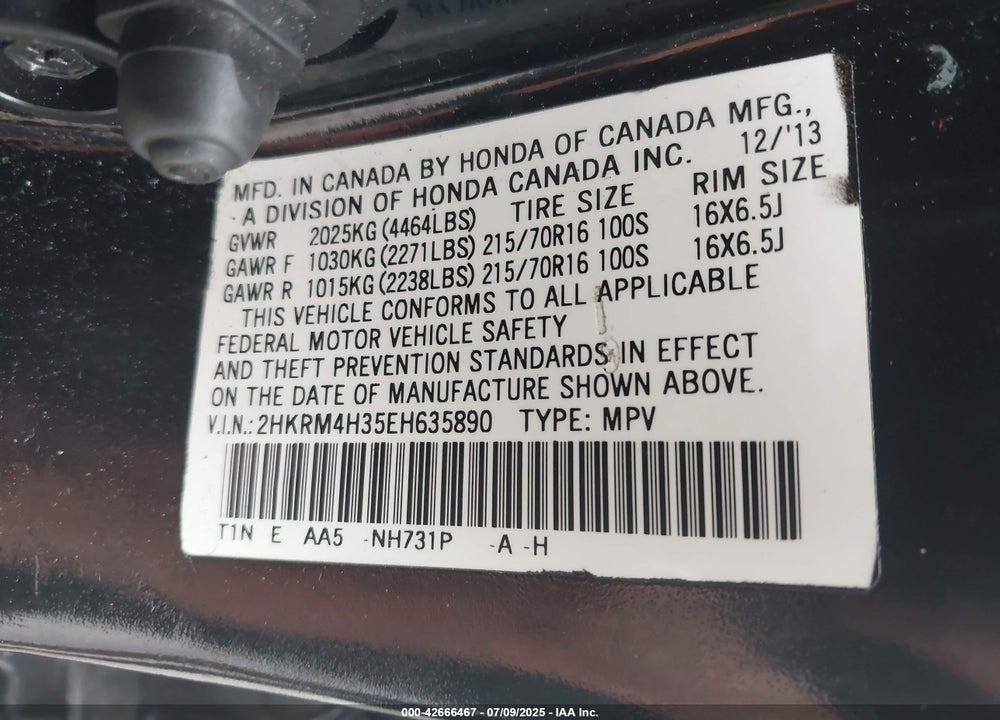 2014 HONDA CR-V VIN: 2HKRM4H35EH635890