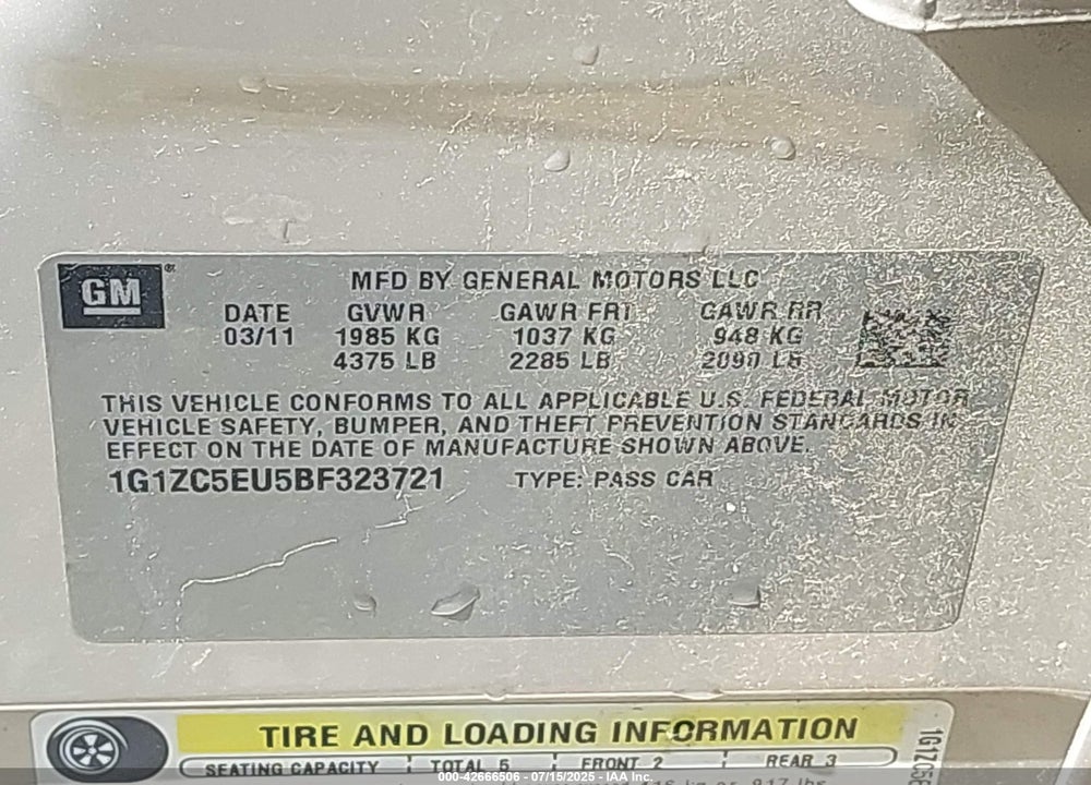 2011 CHEVROLET MALIBU VIN: 1G1ZC5EU5BF323721