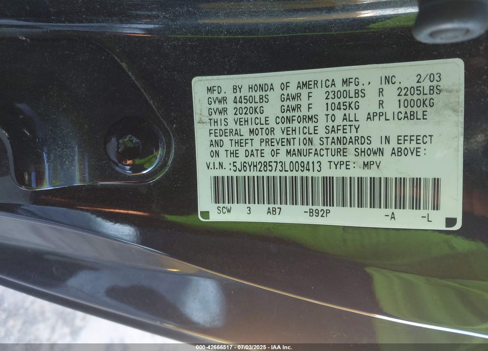 2003 HONDA ELEMENT EX VIN: 5J6YH28573L009413