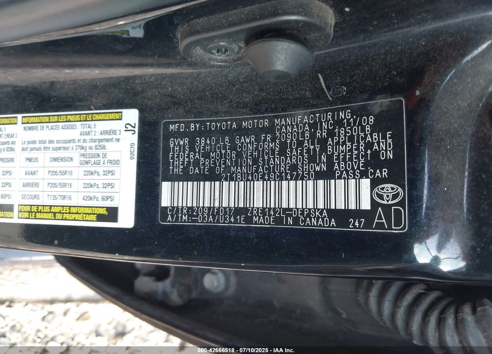2009 TOYOTA COROLLA VIN: 2T1BU40E49C147750