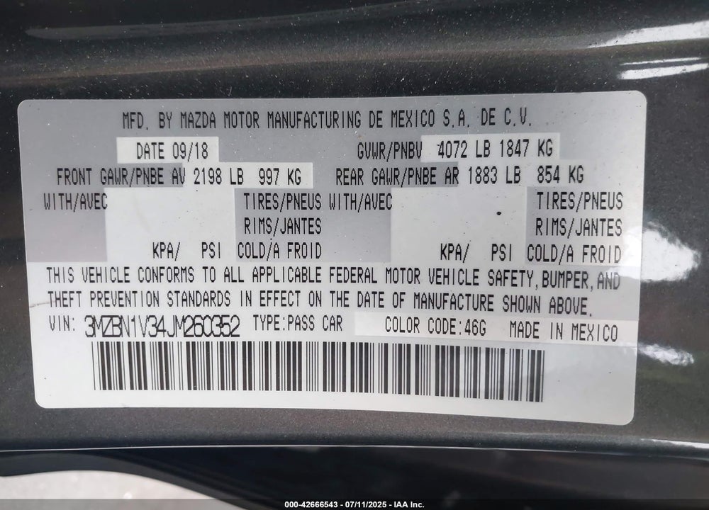 2018 MAZDA 3 TOURING VIN: 3MZBN1V34JM260352