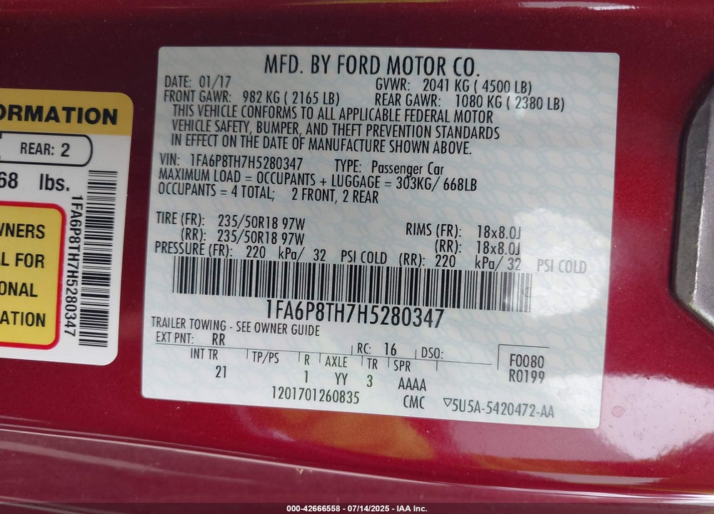 2017 FORD MUSTANG VIN: 1FA6P8TH7H5280347