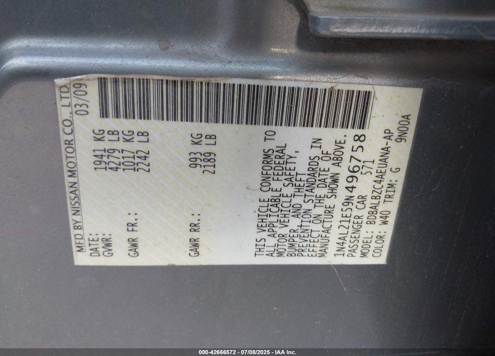 2009 NISSAN ALTIMA VIN: 1N4AL21E59N496758