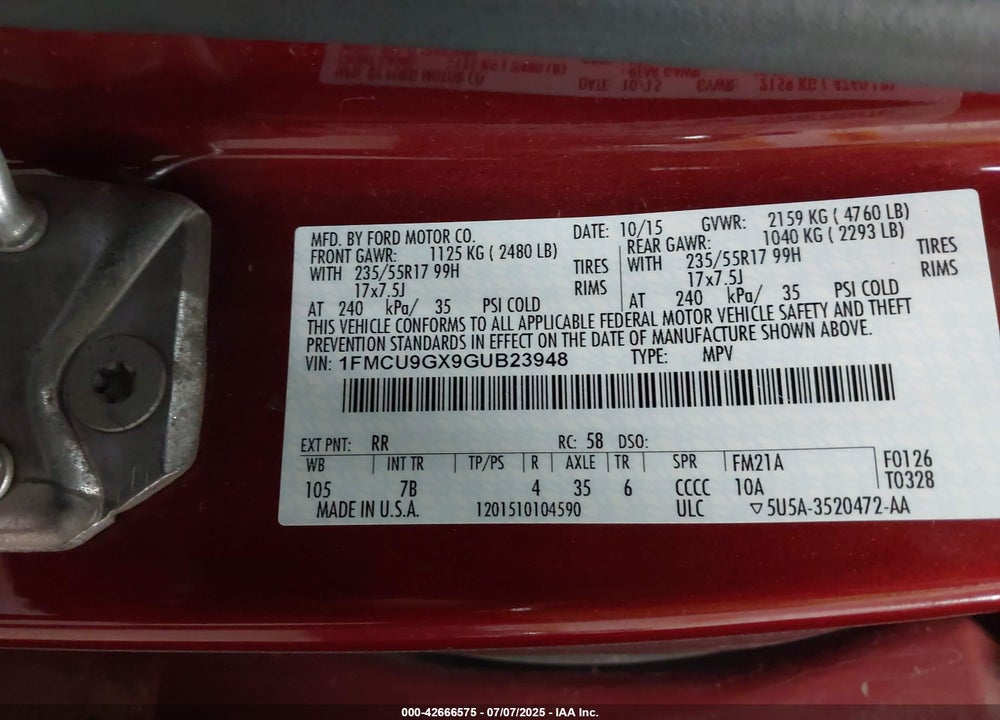 2016 FORD ESCAPE VIN: 1FMCU9GX9GUB23948