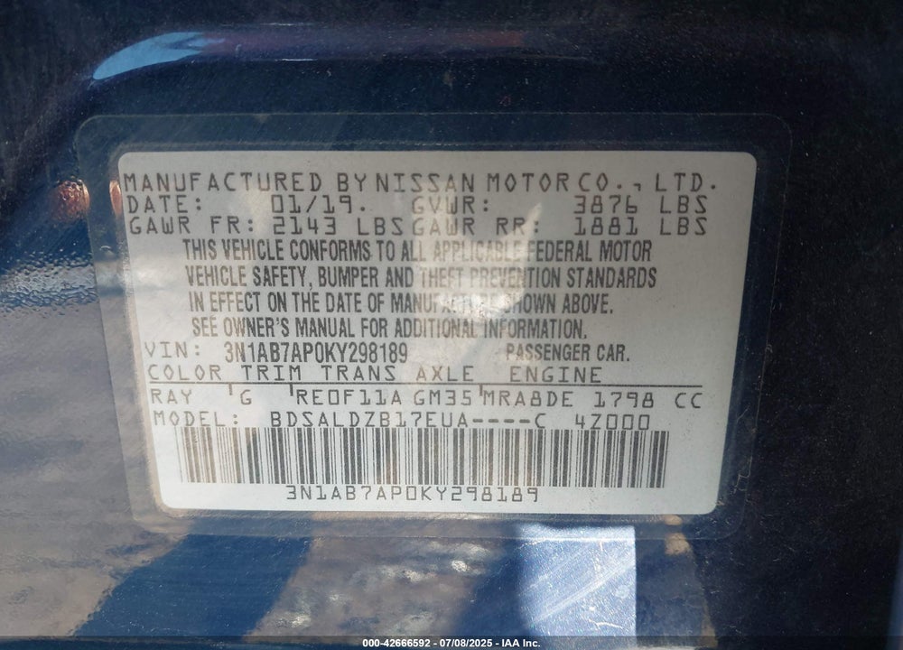 2019 NISSAN SENTRA VIN: 3N1AB7AP0KY298189