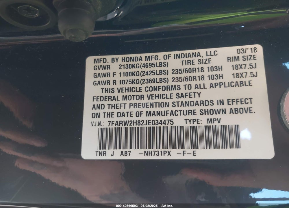 2018 HONDA CR-V EX-L/EX-L NAVI VIN: 7FARW2H82JE034475
