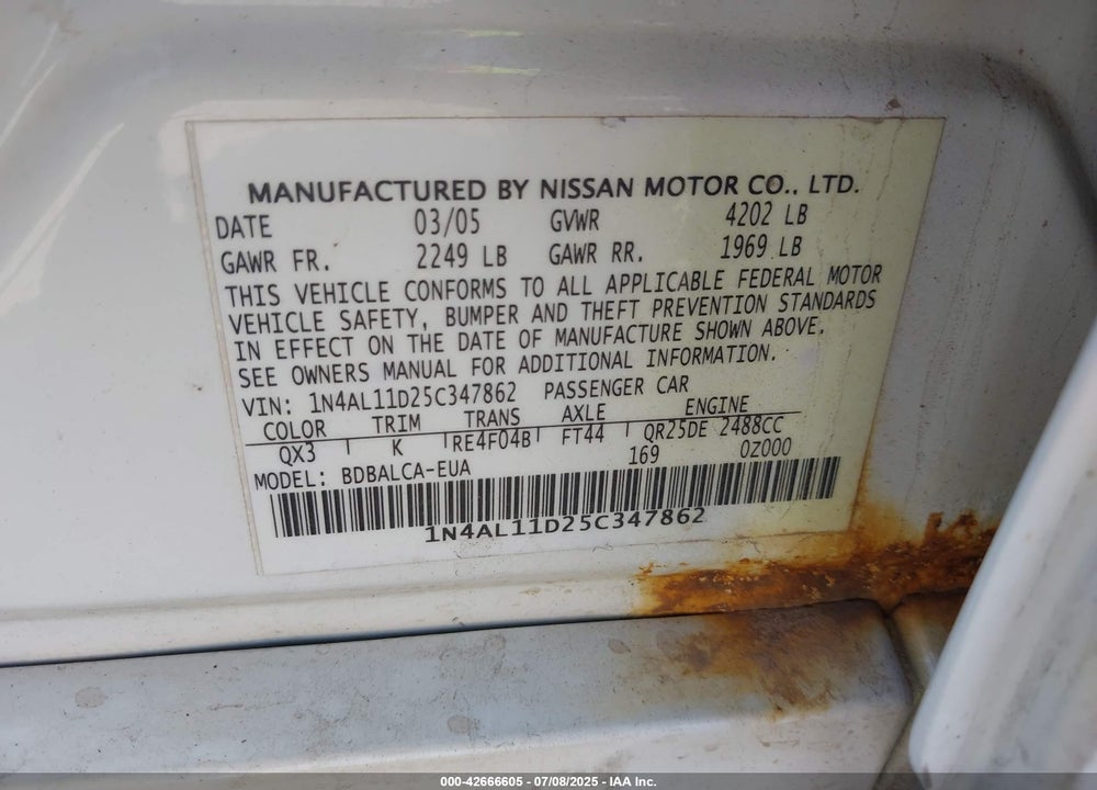 2005 NISSAN ALTIMA VIN: 1N4AL11D25C347862