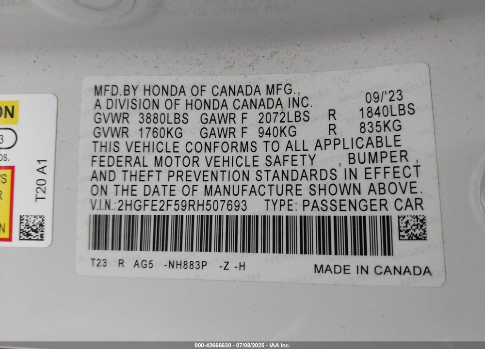 2024 HONDA CIVIC VIN: 2HGFE2F59RH507693