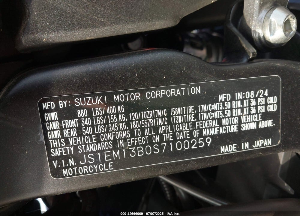 2025 SUZUKI GSX800 VIN: JS1EM13B0S7100259