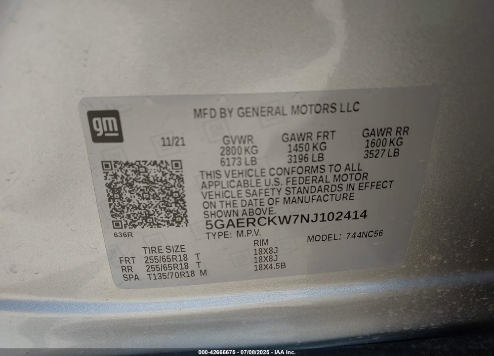 2022 BUICK ENCLAVE VIN: 5GAERCKW7NJ102414