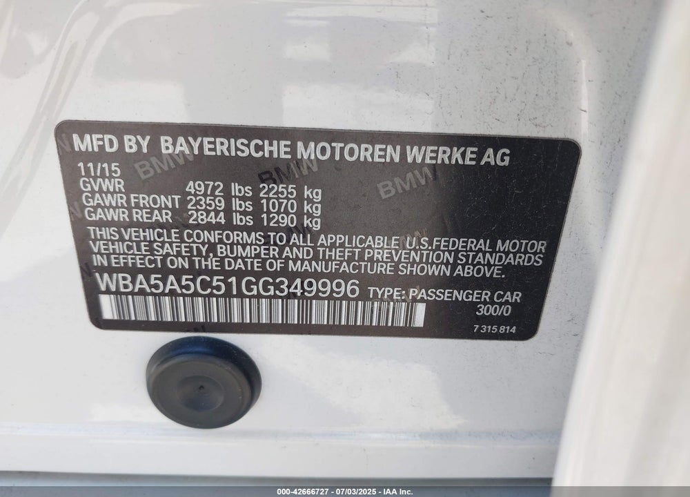 2016 BMW 5 SERIES VIN: WBA5A5C51GG349996