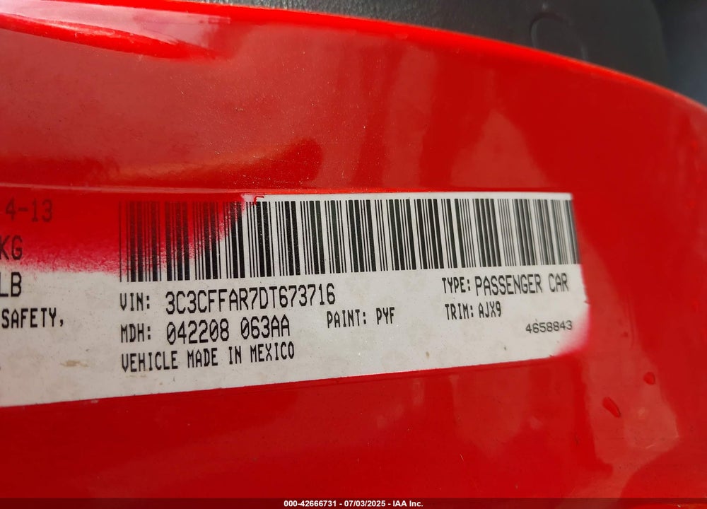 2013 FIAT 500 VIN: 3C3CFFAR7DT673716