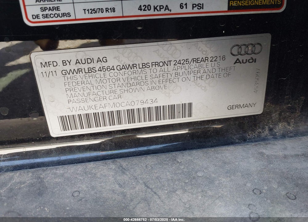 2012 AUDI A3 VIN: WAUKEAFM0CA079434