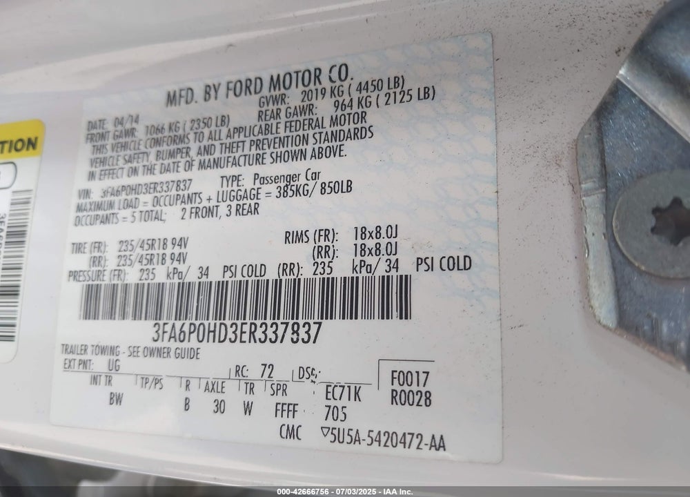 2014 FORD FUSION VIN: 3FA6P0HD3ER337837