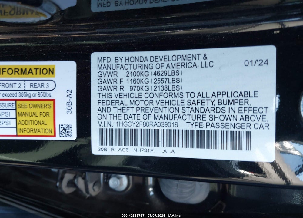2024 HONDA ACCORD VIN: 1HGCY2F80RA039016
