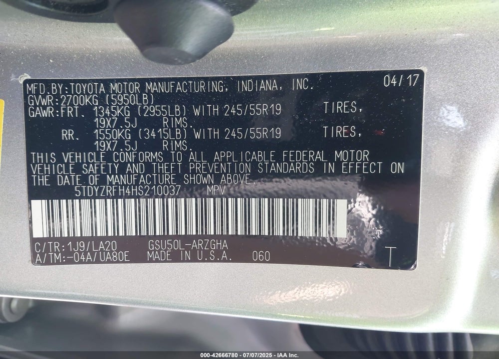 2017 TOYOTA HIGHLANDER LIMITED VIN: 5TDYZRFH4HS210037