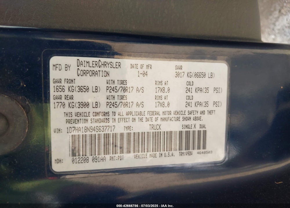 2004 DODGE RAM 1500 SLT/LARAMIE VIN: 1D7HA18N94S637717