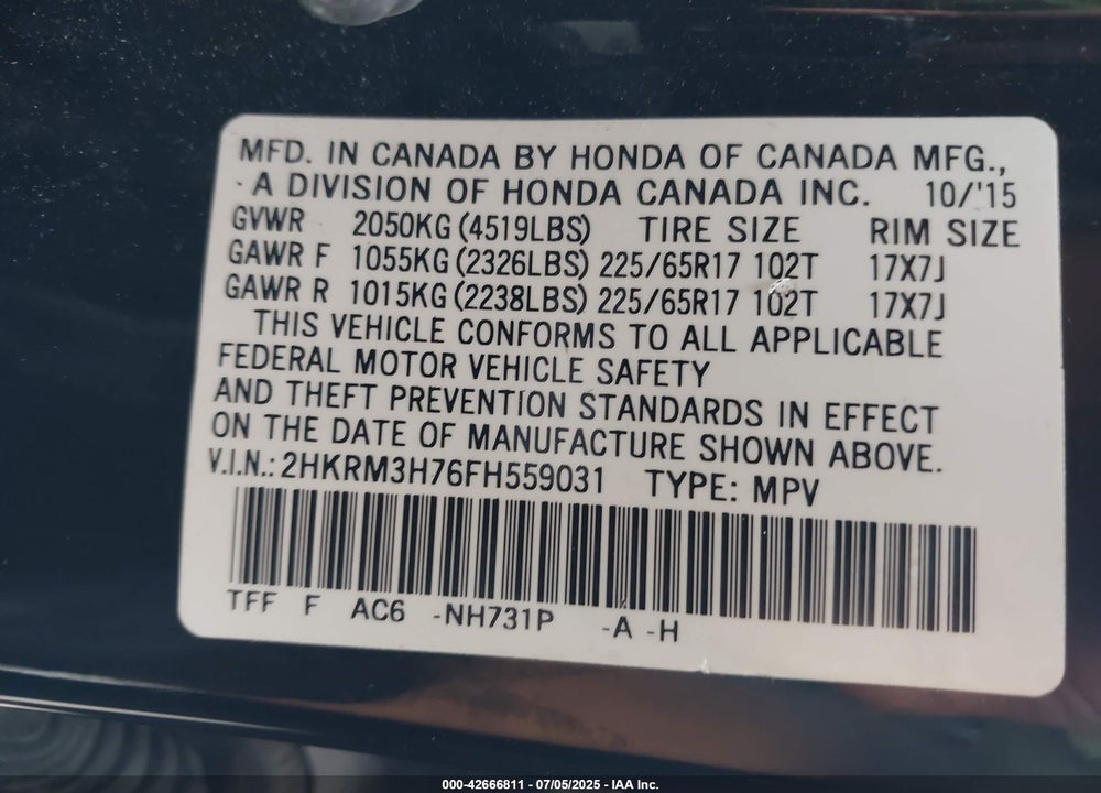 2015 HONDA CR-V EX-L VIN: 2HKRM3H76FH559031