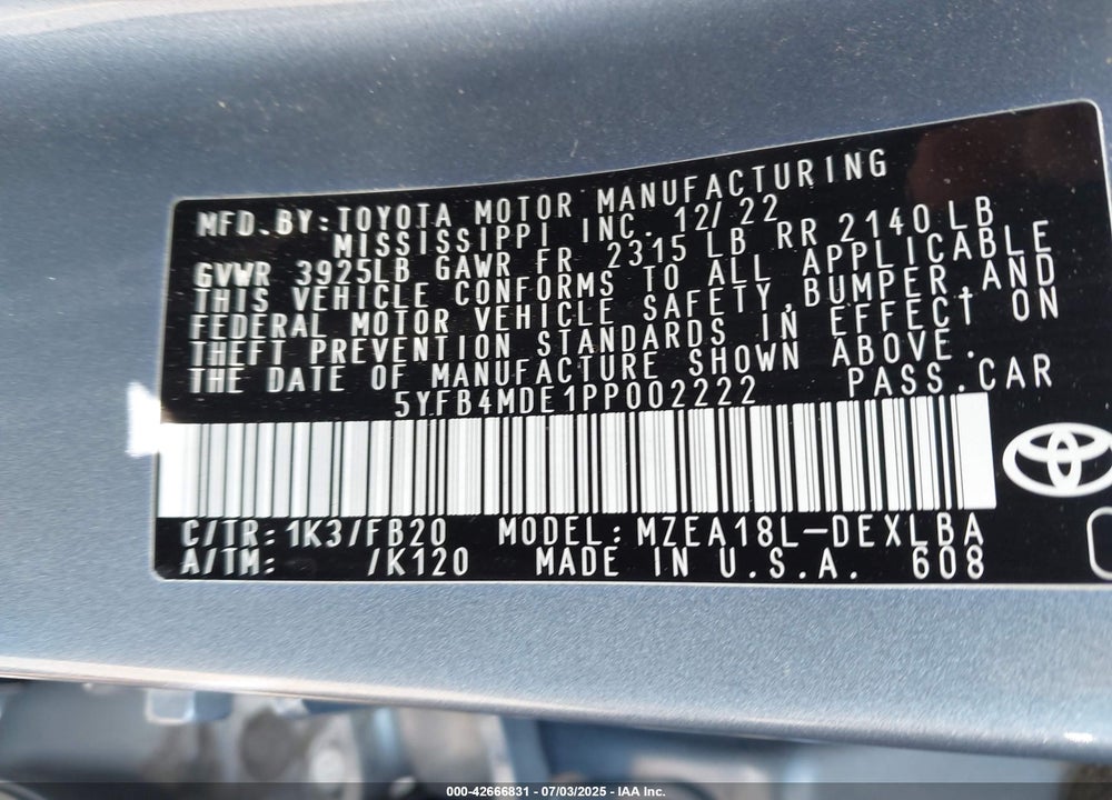 2023 TOYOTA COROLLA LE VIN: 5YFB4MDE1PP002222