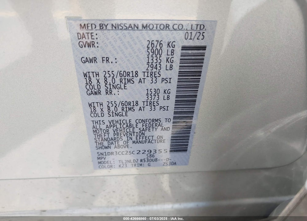2025 NISSAN PATHFINDER VIN: 5N1DR3CC2SC229355