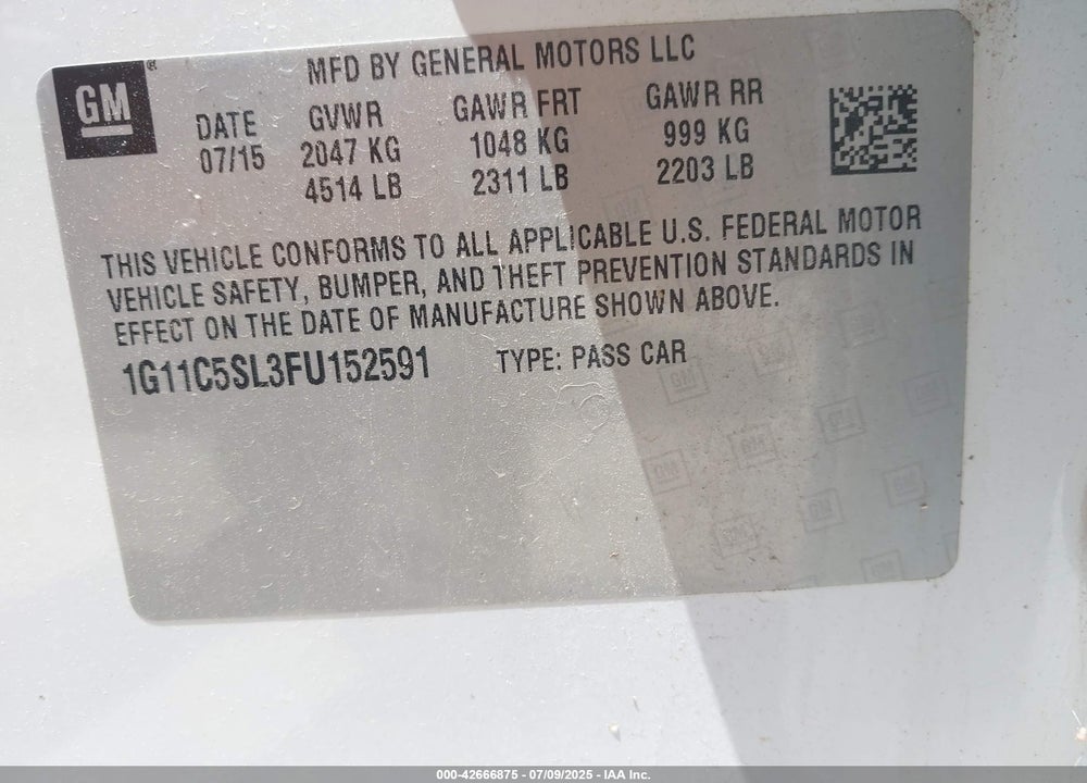 2015 CHEVROLET MALIBU VIN: 1G11C5SL3FU152591